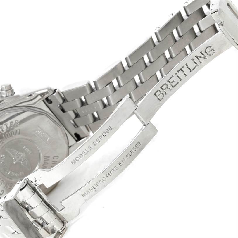 This image shows the clasp and partial bracelet of the Breitling Windrider A13358 Stainless Steel Mother of Pearl Dial A13358 Stainless Steel Mother of Pearl Dial watch from an angled close-up view.