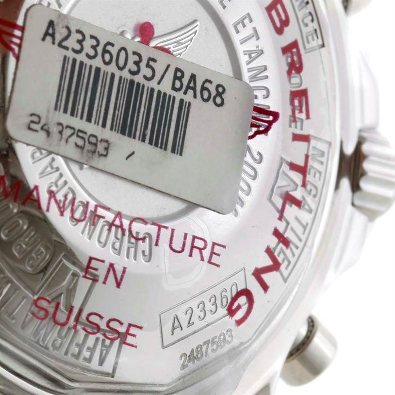 The image shows the case back of a Breitling Professional Series A23360 Men's Stainless Steel Black Dial A23360 Men's Stainless Steel Black Dial watch, including branding, text, and a barcode sticker.