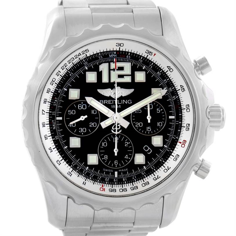 The image shows a front view of a Breitling Professional Series A23360 Men
s Stainless Steel Black Dial A23360 Men
s Stainless Steel Black Dial watch, displaying its dial, bezel, and bracelet.