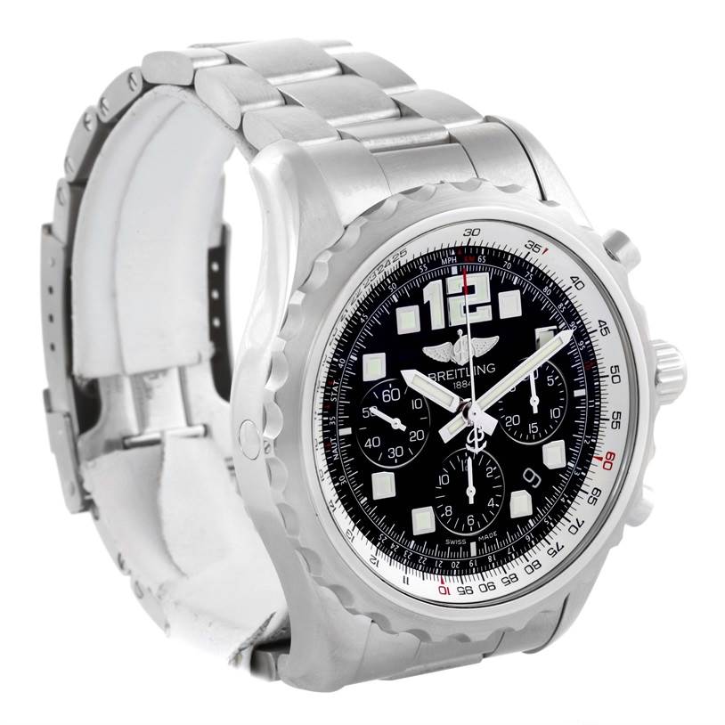 The image shows a Breitling Professional Series A23360 Men
s Stainless Steel Black Dial A23360 Men
s Stainless Steel Black Dial watch angled from the front-left, highlighting its bezel, dial, and metal bracelet.