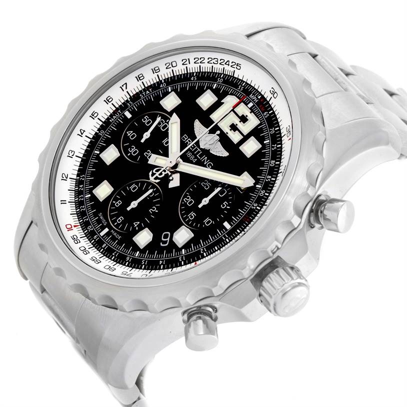 The image showcases a Breitling Professional Series A23360 Men
s Stainless Steel Black Dial A23360 Men
s Stainless Steel Black Dial watch at an angled side view, highlighting the dial, bezel, crown, and chronograph pushers.