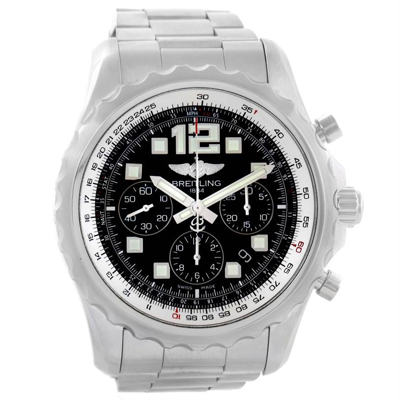 The image shows a frontal view of the Breitling Professional Series A23360 Men
s Stainless Steel Black Dial A23360 Men
s Stainless Steel Black Dial watch, highlighting its dial, bezel, and stainless steel bracelet.