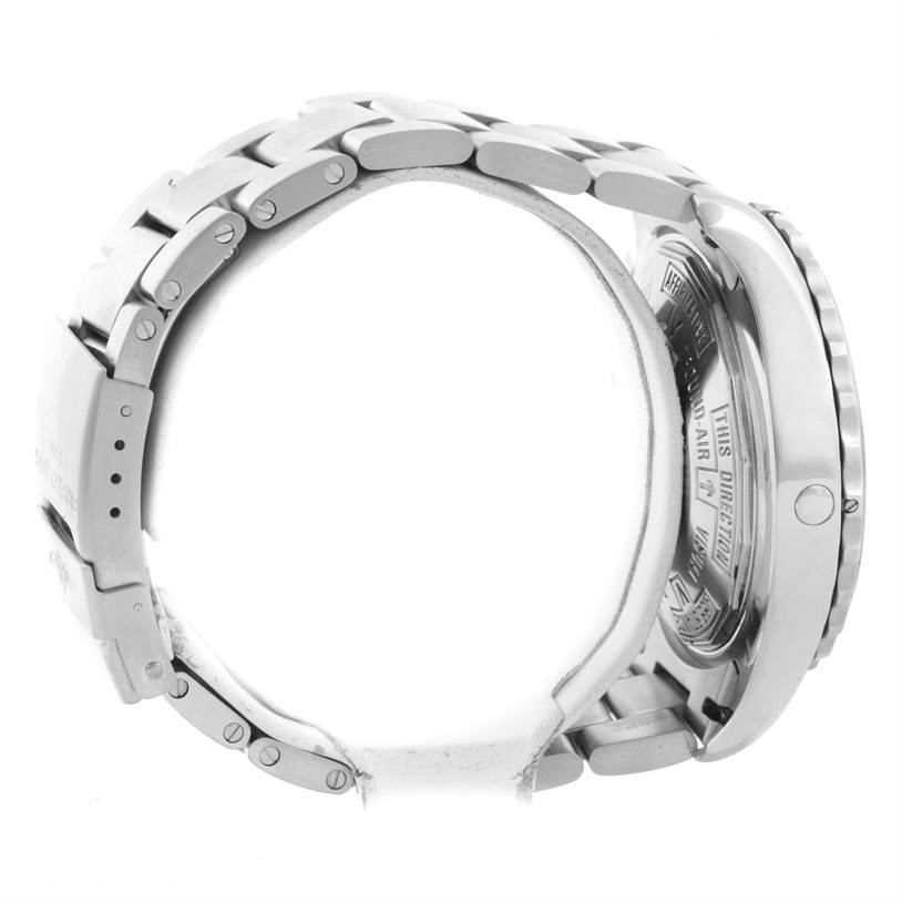 This image shows the side view of the Breitling Professional Series A23360 Men
s Stainless Steel Black Dial A23360 Men
s Stainless Steel Black Dial watch, focusing on the bracelet and case back.