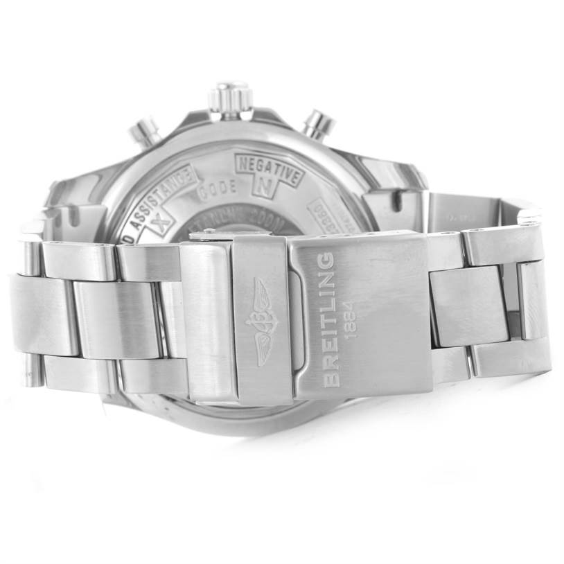 This image shows the back of a Breitling Professional Series A23360 Men
s Stainless Steel Black Dial A23360 Men
s Stainless Steel Black Dial watch, focusing on the caseback and part of the stainless steel bracelet.