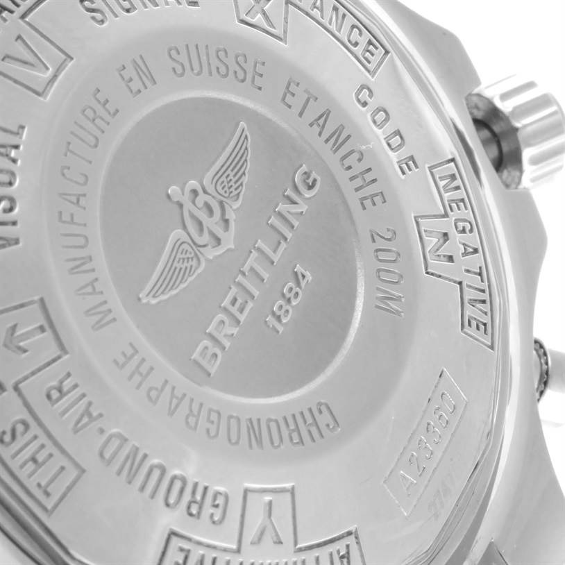 The image shows the back and side, including the crown, of a Breitling Professional Series A23360 Men
s Stainless Steel Black Dial A23360 Men
s Stainless Steel Black Dial model watch.