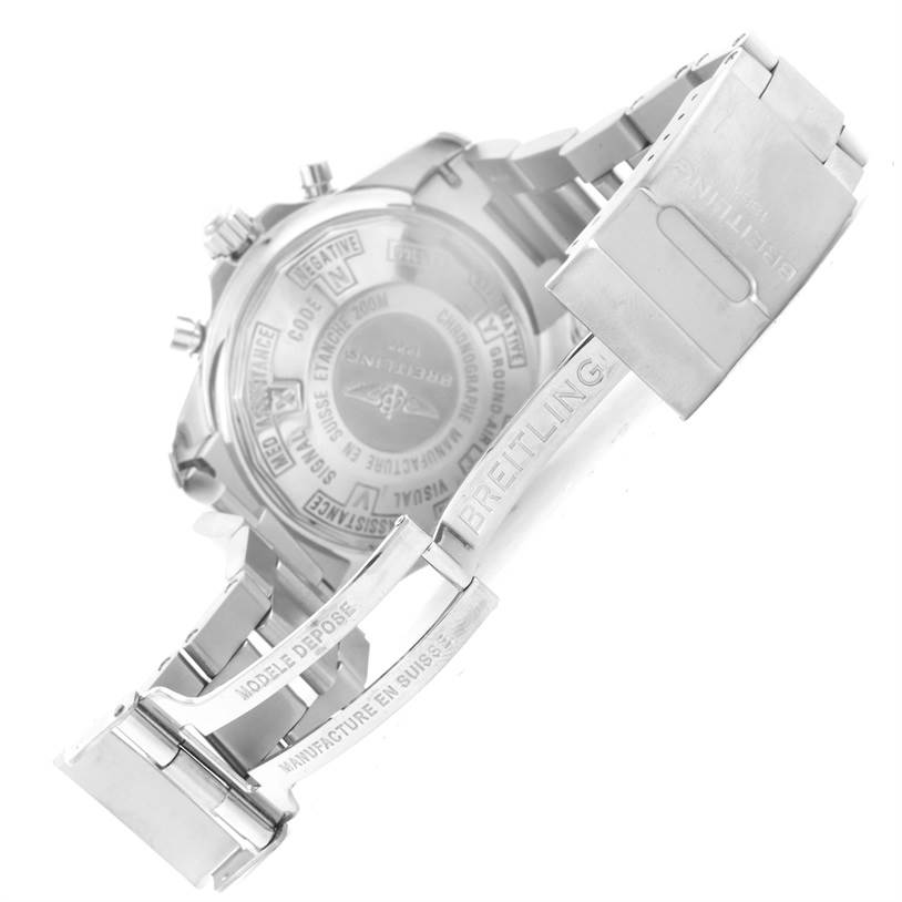 The image shows the back view of a Breitling Professional Series A23360 Men
s Stainless Steel Black Dial A23360 Men
s Stainless Steel Black Dial watch, focusing on the case back and part of the clasp.