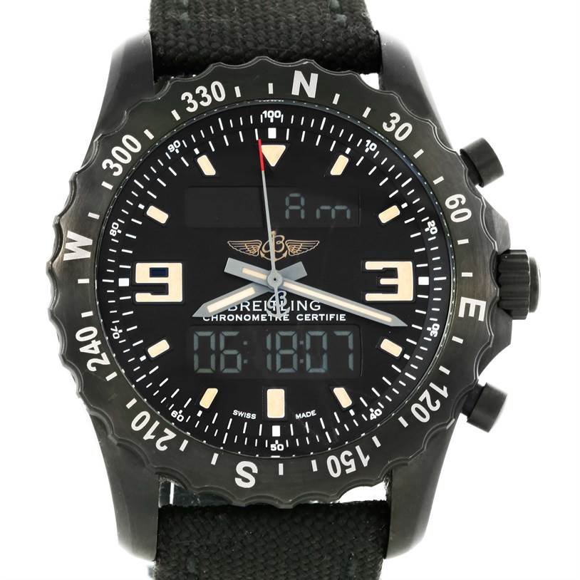This image shows a front angle view of the Breitling Professional Series M78366 Men's Stainless Steel Black Dial M78366 Men's Stainless Steel Black Dial watch, displaying its dial, hands, bezel, and digital displays.