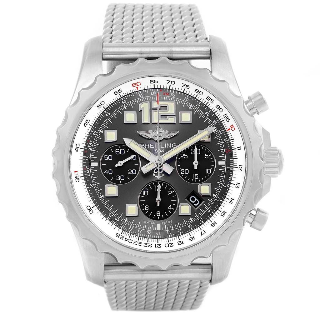 The Breitling Professional Series A23360 Men's Stainless Steel Grey Dial A23360 Men's Stainless Steel Grey Dial watch is shown from a frontal angle, displaying its dial, three subdials, bezel, and mesh band.