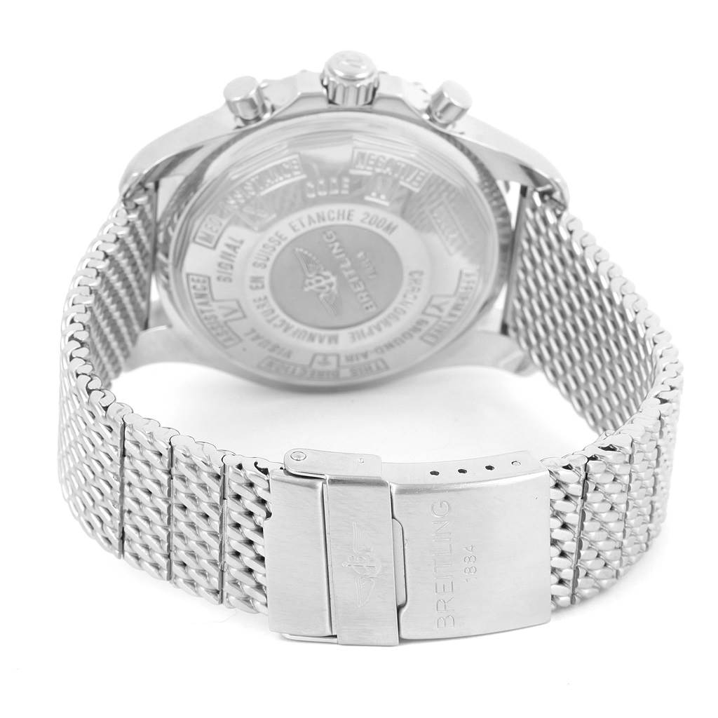 The image shows the backside and clasp of a Breitling Professional Series A23360 Men's Stainless Steel Grey Dial A23360 Men's Stainless Steel Grey Dial watch, highlighting the stainless steel bracelet and engraved case back.