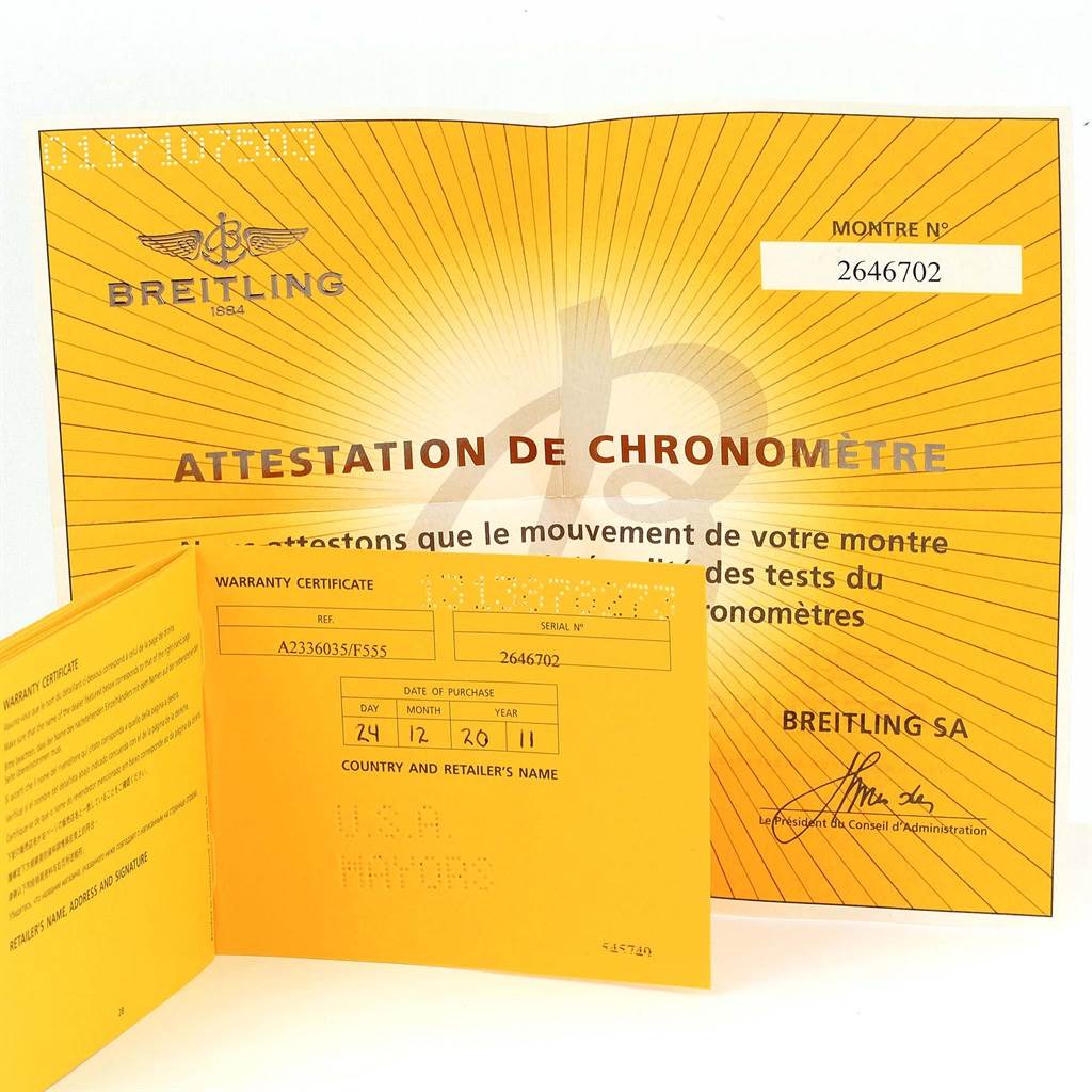 The image shows the warranty and chronometer certification documents for the Breitling Professional Series A23360 Men's Stainless Steel Grey Dial A23360 Men's Stainless Steel Grey Dial model.