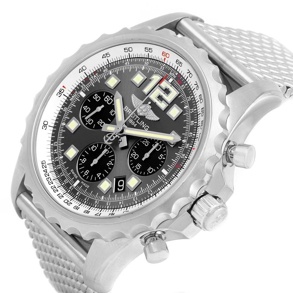 The Breitling Professional Series A23360 Men's Stainless Steel Grey Dial A23360 Men's Stainless Steel Grey Dial watch is shown at an angle, highlighting the dial, bezel, and part of the metal strap.
