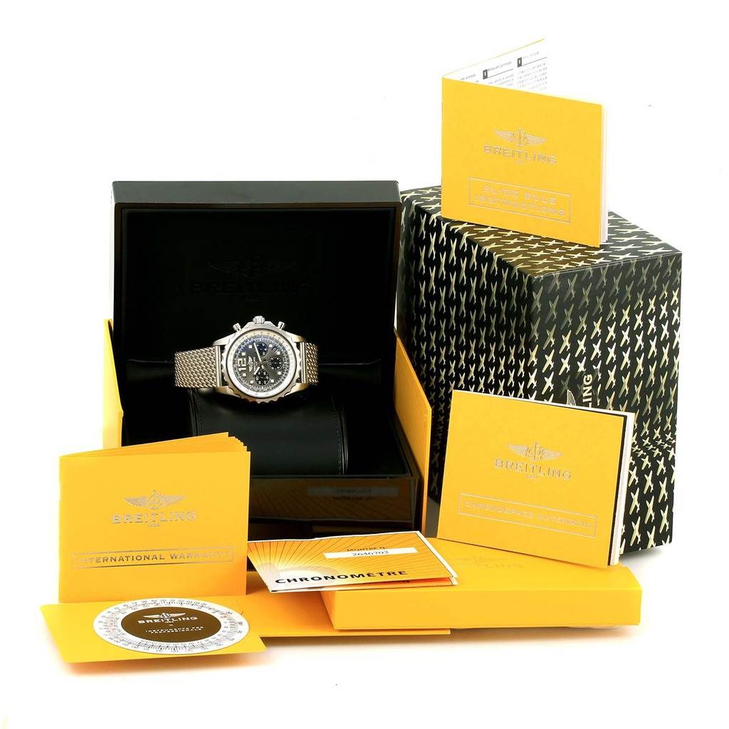 The image shows a Breitling Professional Series A23360 Men's Stainless Steel Grey Dial A23360 Men's Stainless Steel Grey Dial watch in a black box with packaging and documentation around it.
