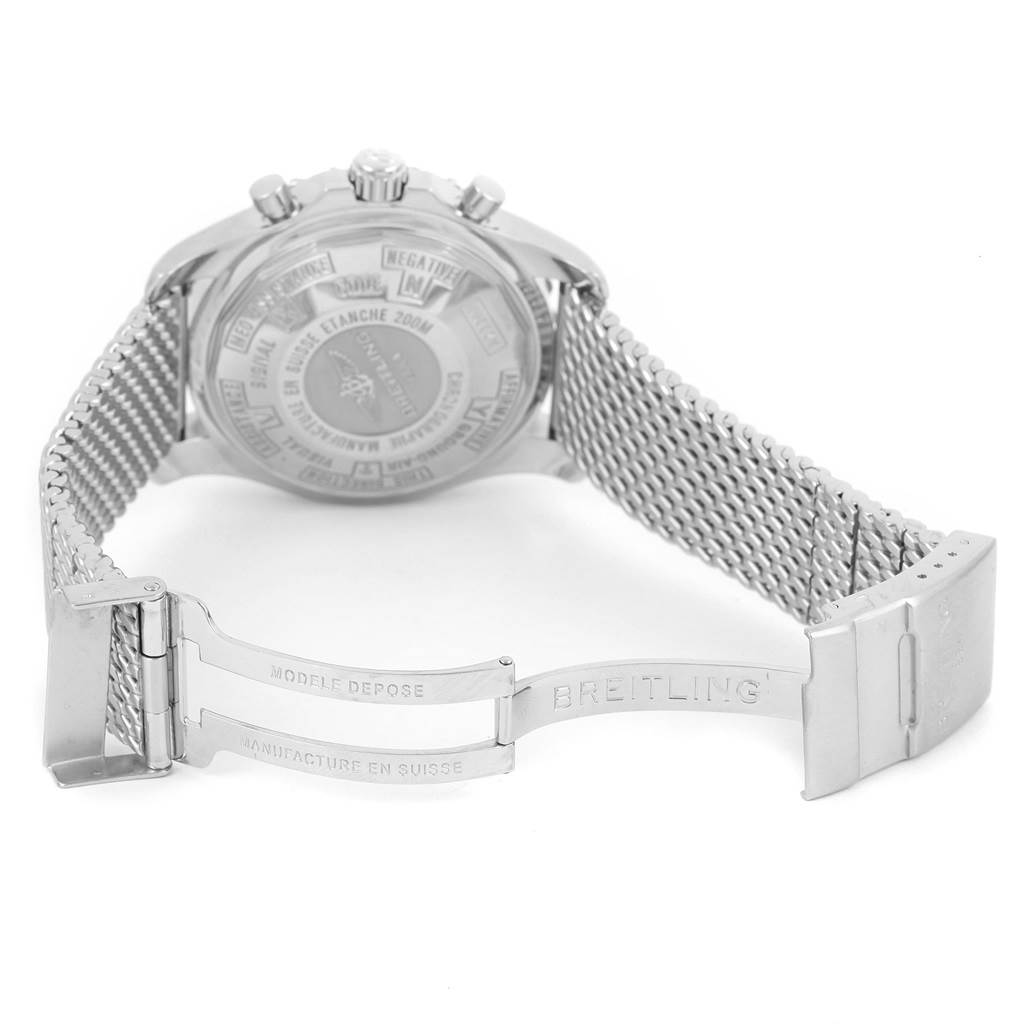 The image shows the back view and clasp of a Breitling Professional Series A23360 Men's Stainless Steel Grey Dial A23360 Men's Stainless Steel Grey Dial watch, highlighting the mesh bracelet and engraved details.