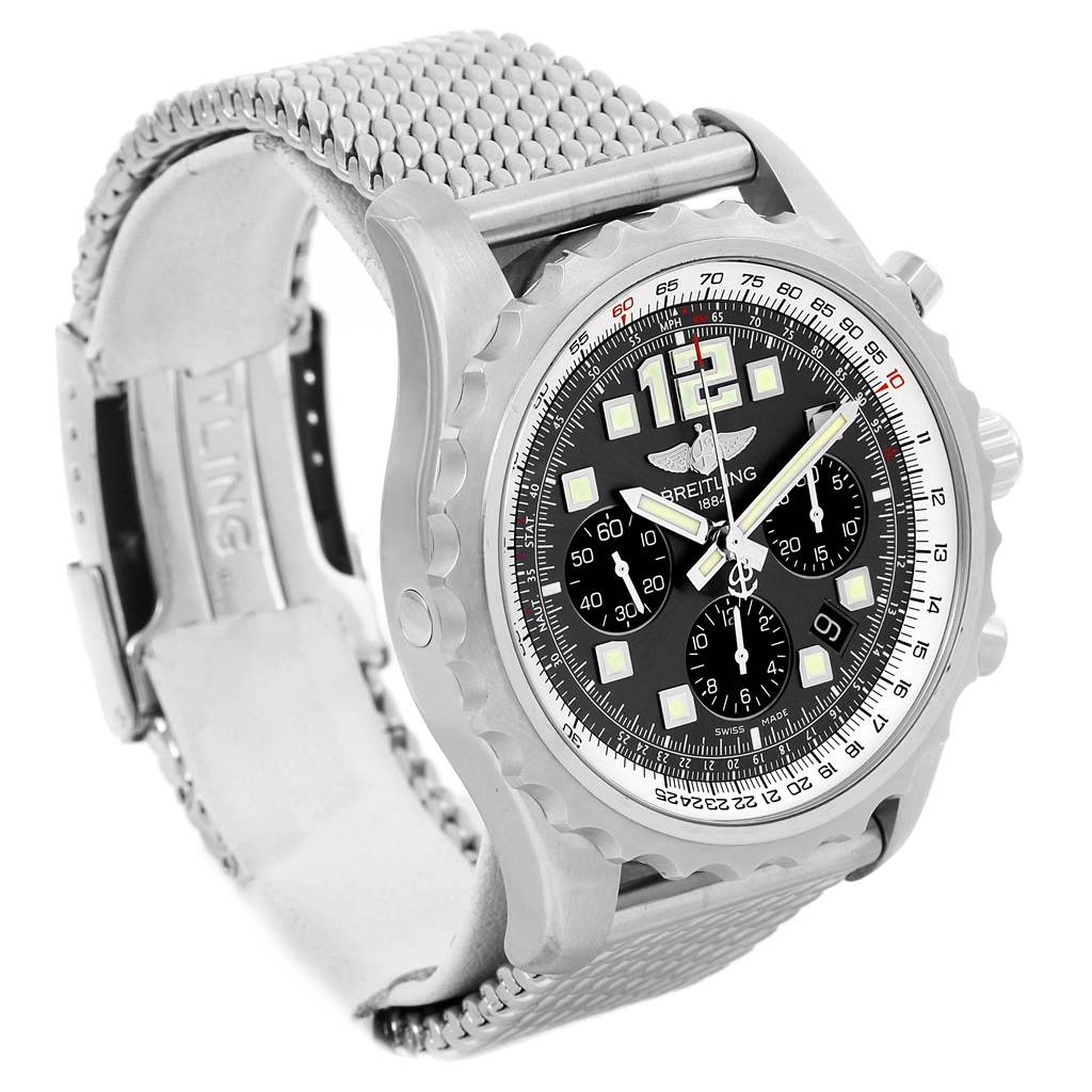 The image shows a Breitling Professional Series A23360 Men's Stainless Steel Grey Dial A23360 Men's Stainless Steel Grey Dial watch from an angled perspective, displaying the dial, bezel, and mesh bracelet.