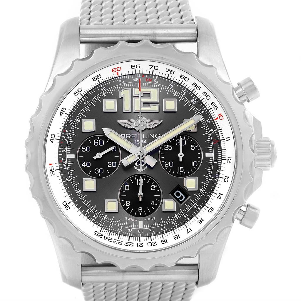 The image shows a front view of the Breitling Professional Series A23360 Men's Stainless Steel Grey Dial A23360 Men's Stainless Steel Grey Dial watch, displaying its dial, bezel, and stainless steel mesh bracelet.