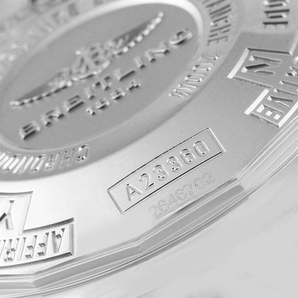The image shows a close-up of the back case of a Breitling Professional Series A23360 Men's Stainless Steel Grey Dial A23360 Men's Stainless Steel Grey Dial watch, highlighting the model number A23360 and serial number.