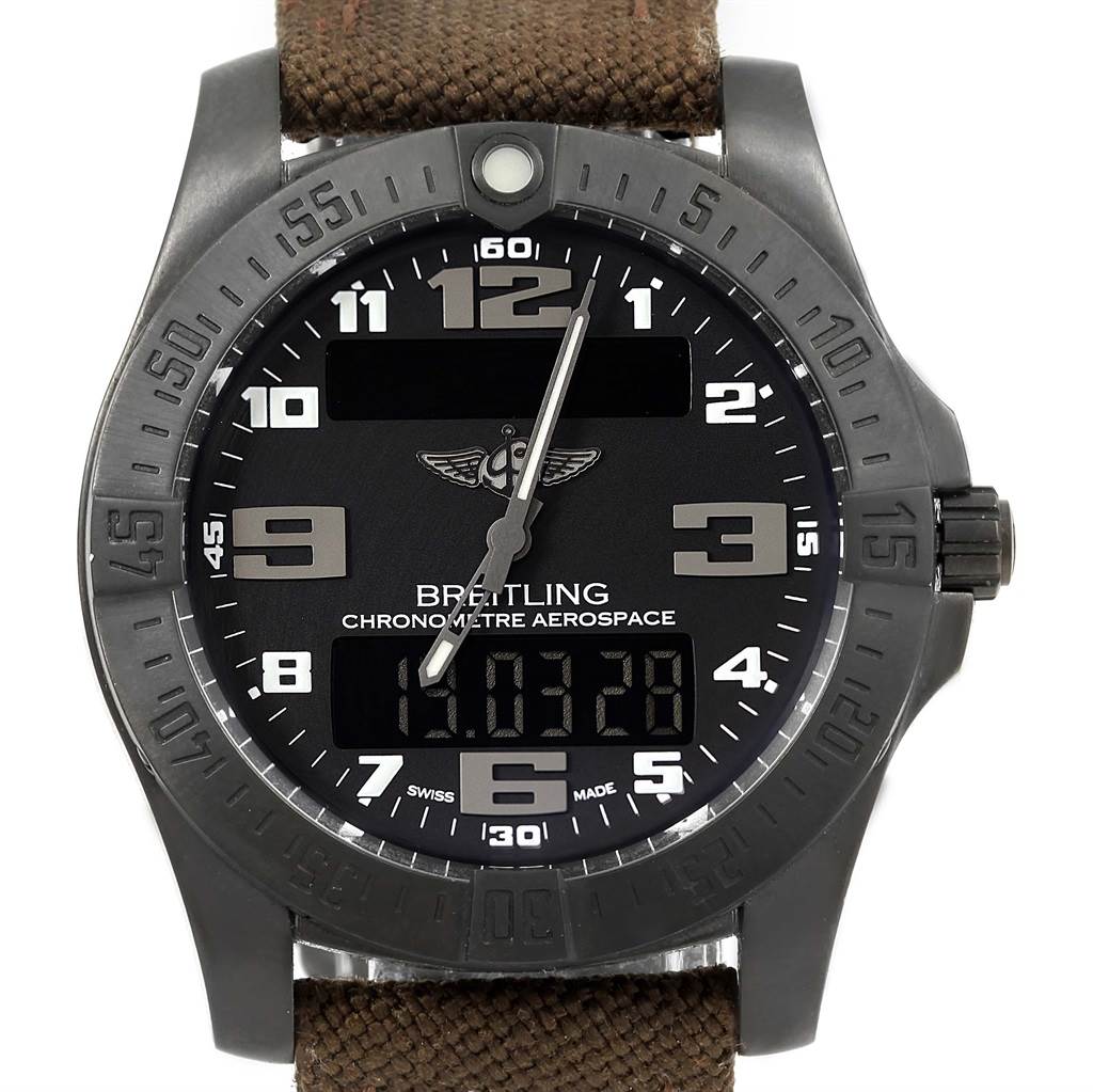 The image shows a front view of a Breitling Professional Series E56062 Men's Titanium Grey Dial E56062 Men's Titanium Grey Dial Chronometre Aerospace watch, highlighting the dial, bezel, and strap.