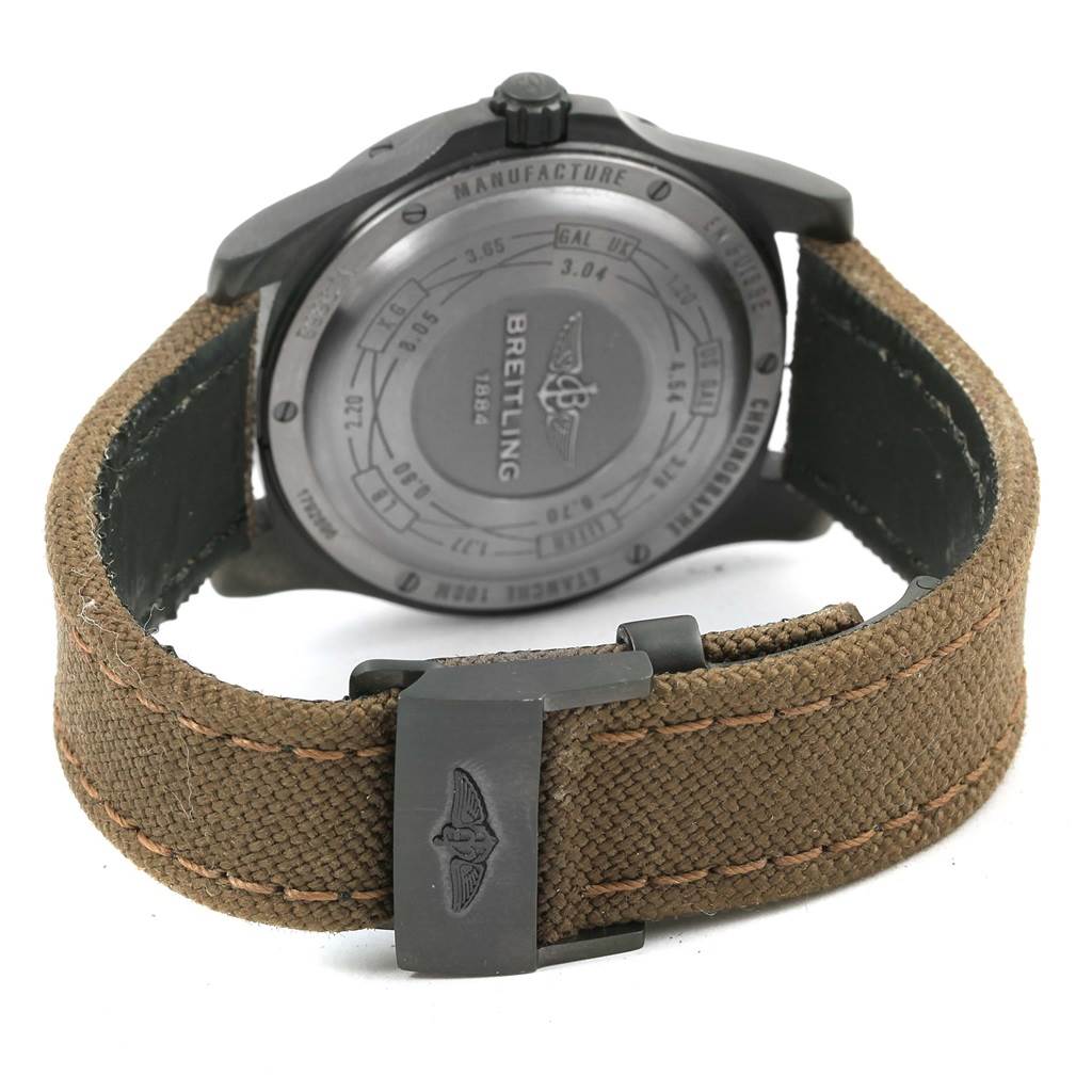 The image shows the back view of a Breitling Professional Series E56062 Men's Titanium Grey Dial E56062 Men's Titanium Grey Dial watch, highlighting the watch's case back and strap buckle.