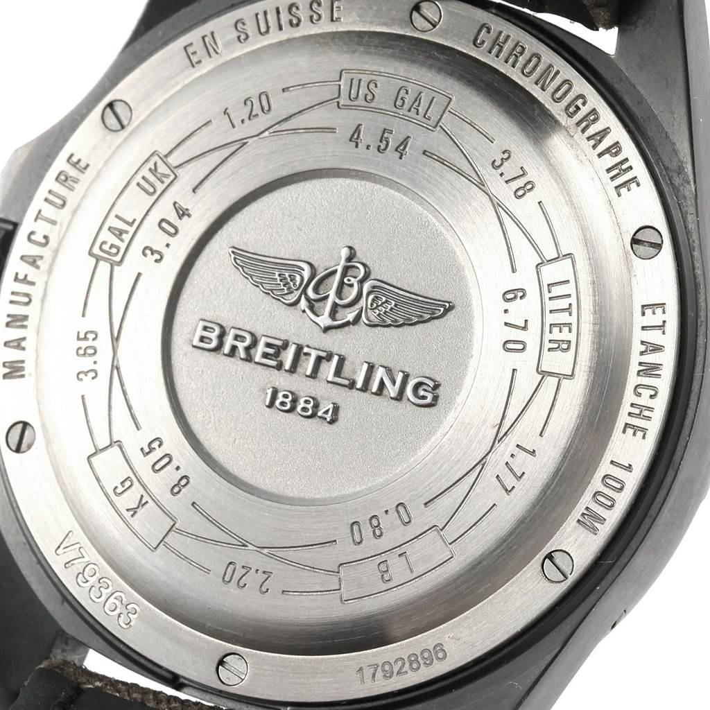 The image shows the back case of a Breitling Professional Series E56062 Men's Titanium Grey Dial E56062 Men's Titanium Grey Dial watch, displaying its engravings and specifications.