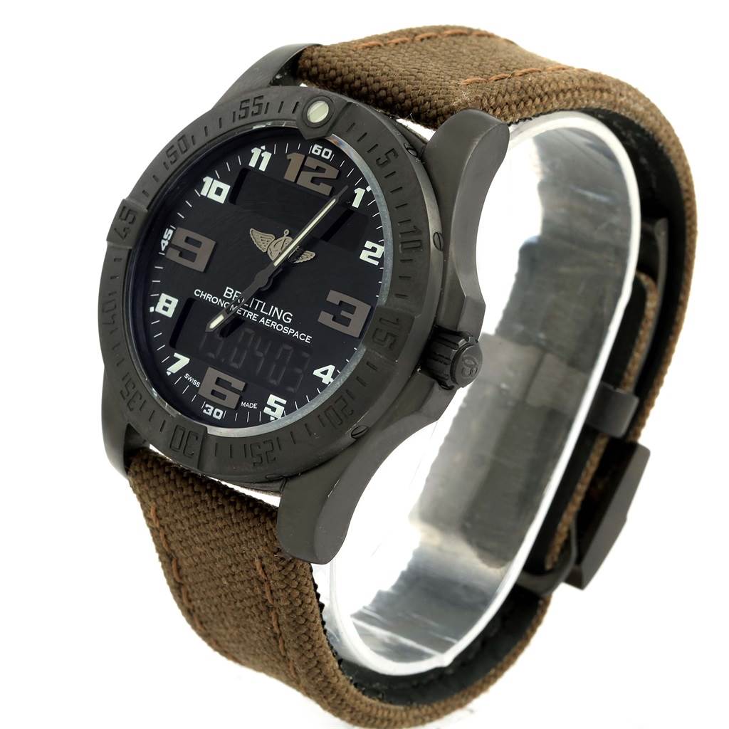 The image shows a side and angled view of the Breitling Professional Series E56062 Men's Titanium Grey Dial E56062 Men's Titanium Grey Dial watch, highlighting its dial, bezel, and fabric strap.