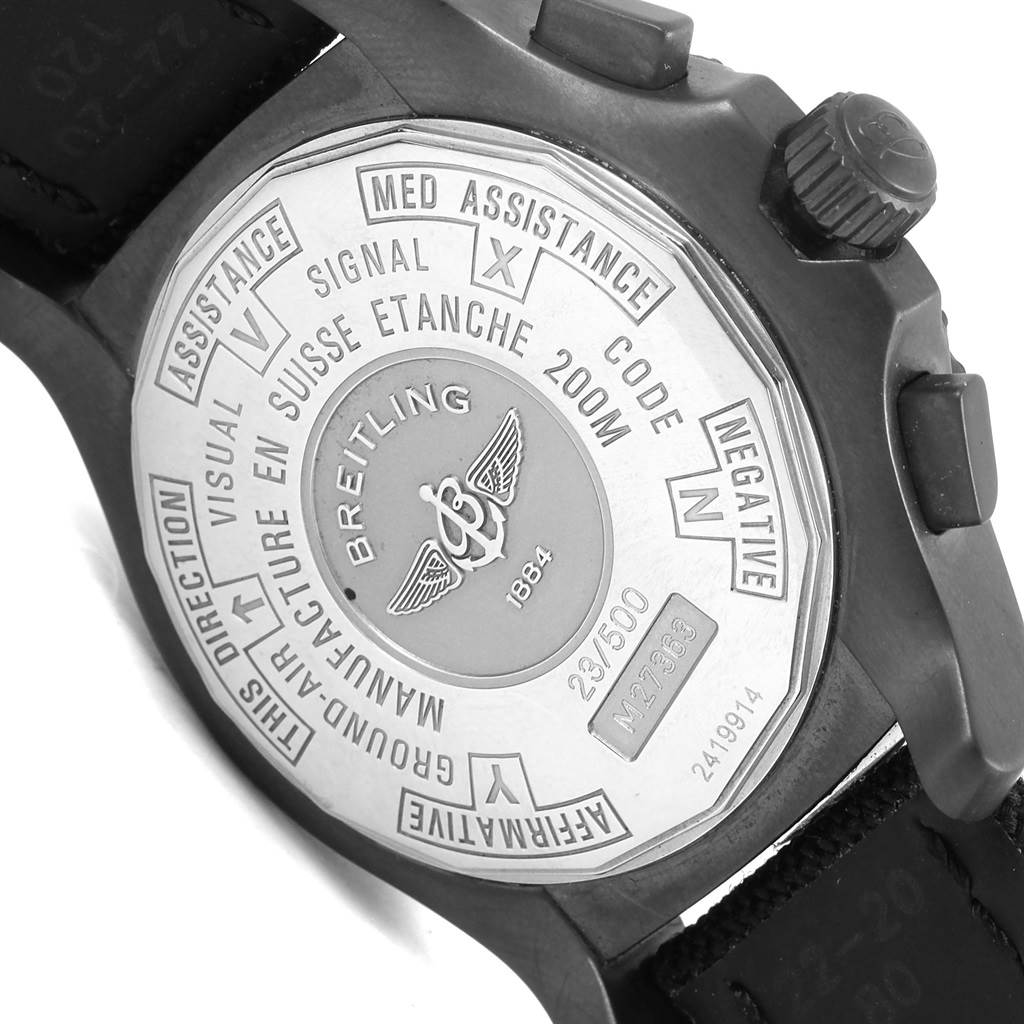 This image shows the back of a Breitling Professional Series M27363 Men's Stainless Steel Black Dial M27363 Men's Stainless Steel Black Dial watch, highlighting the case back details and water resistance information.