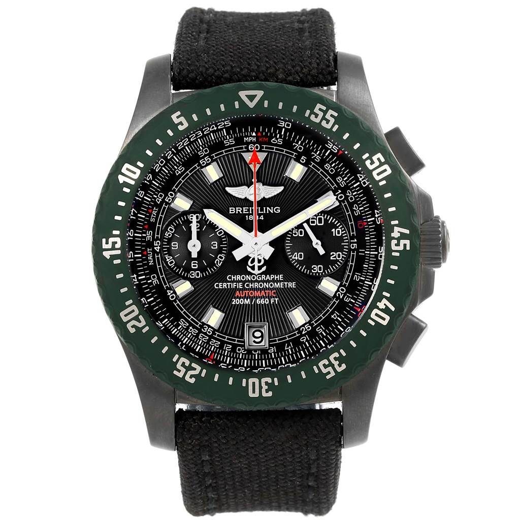 This image shows a front view of the Breitling Professional Series M27363 Men's Stainless Steel Black Dial M27363 Men's Stainless Steel Black Dial chronograph watch, detailing the dial, bezel, and strap.