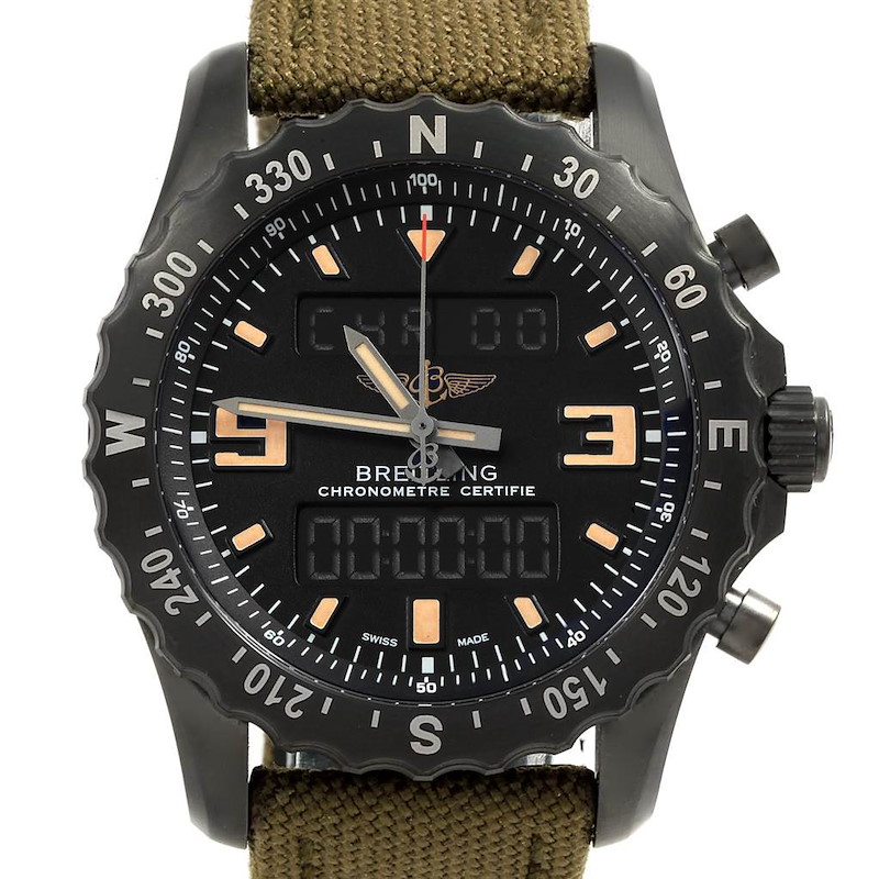 Breitling Chronospace Military GMT Alarm Blacksteel Watch M78366 Unworn SwissWatchExpo