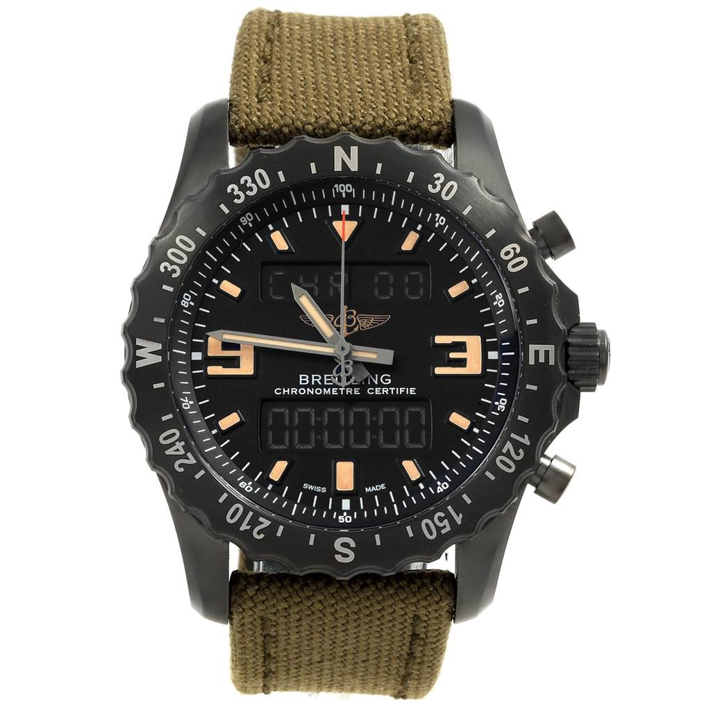 This image shows a frontal view of the Breitling Professional Series M78366 Men's Stainless Steel Black Dial M78366 Men's Stainless Steel Black Dial watch, displaying the dial, hands, indices, and digital readouts.