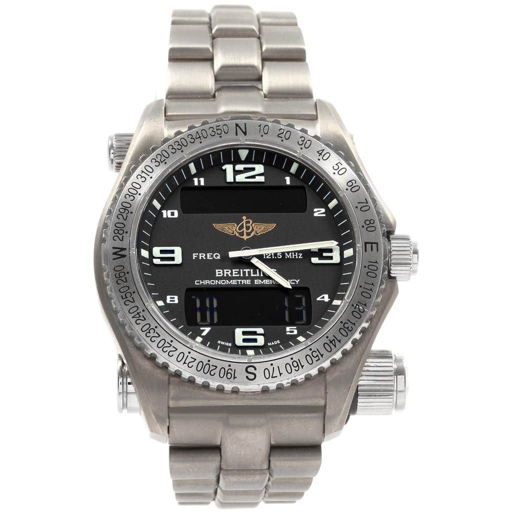 The image shows a front view of a Breitling Professional Series E76321 Men's Titanium Grey Dial E76321 Men's Titanium Grey Dial watch displaying the face and bracelet.