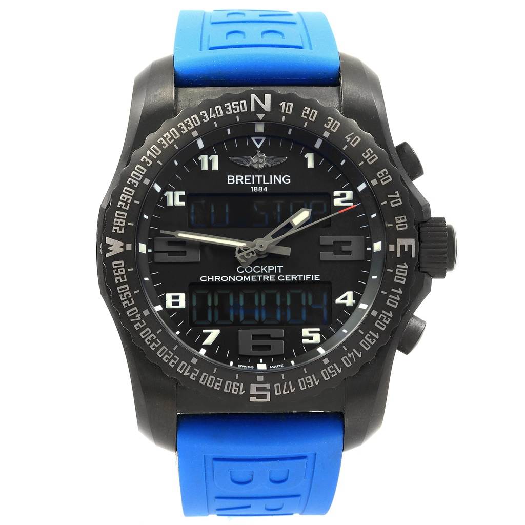 This is a front view of a Breitling Professional Series VB5010 Men's Titanium Grey Dial VB5010 Men's Titanium Grey Dial model watch with a blue rubber strap and multiple readouts on the face.