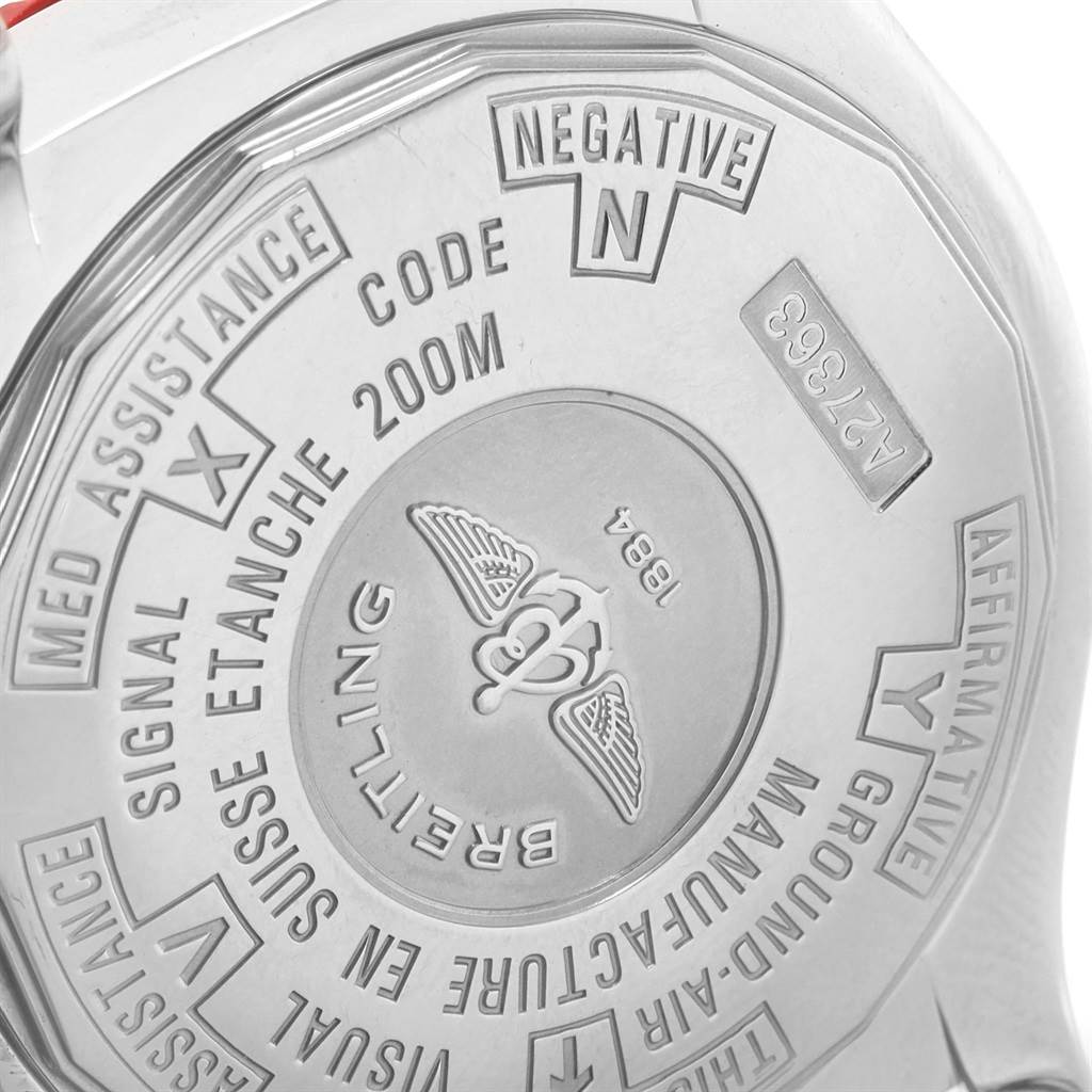 The image shows the back case of a Breitling Professional Series M27363 Men's Stainless Steel Black Dial M27363 Men's Stainless Steel Black Dial watch with various inscriptions and the Breitling logo.