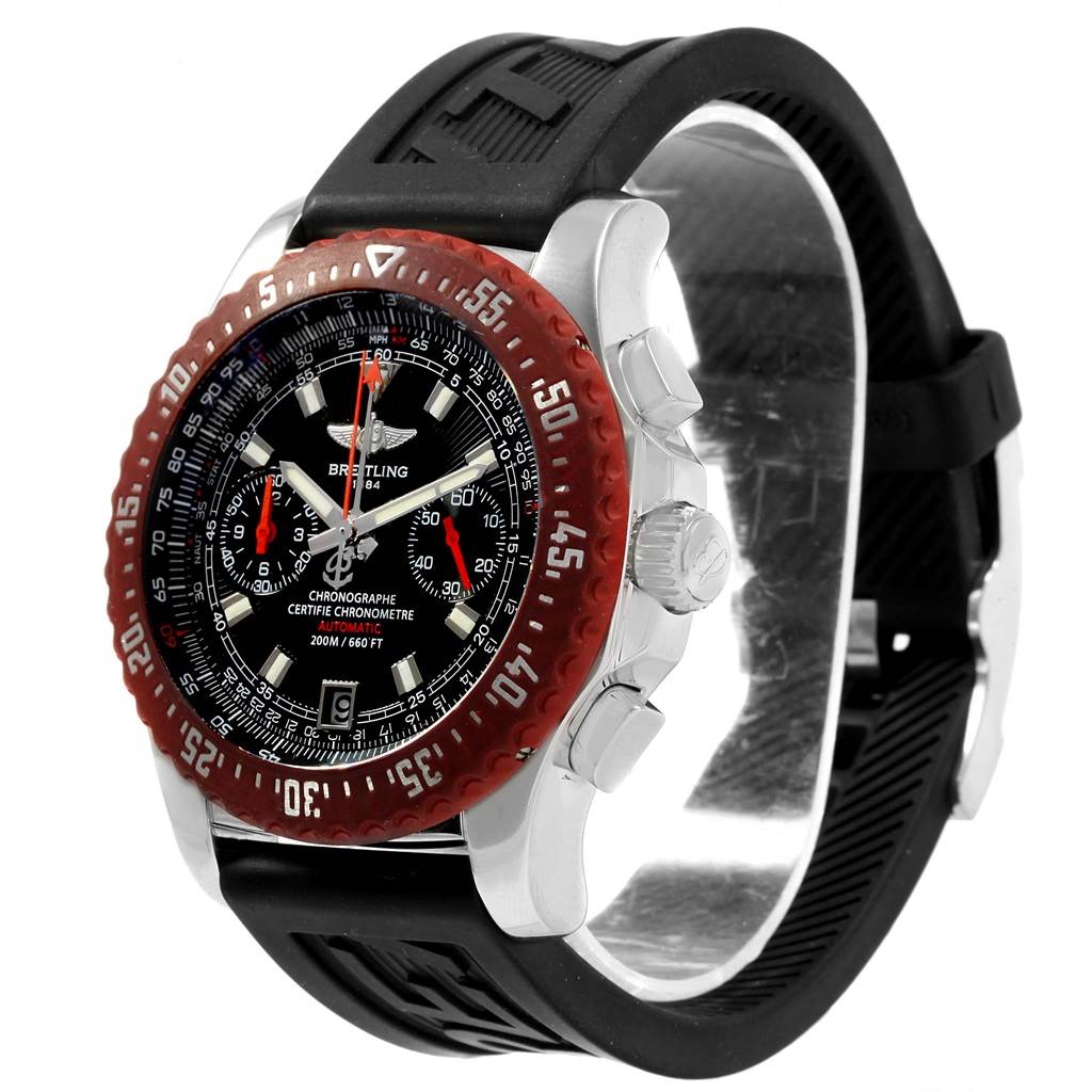 The Breitling Professional Series M27363 Men's Stainless Steel Black Dial M27363 Men's Stainless Steel Black Dial watch is shown at an angle highlighting the face, bezel, crown, and rubber strap.