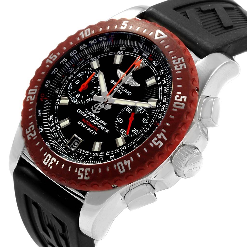 The image shows a Breitling Professional Series M27363 Men's Stainless Steel Black Dial M27363 Men's Stainless Steel Black Dial watch from an angle highlighting its face, bezel, and buttons on the right side.