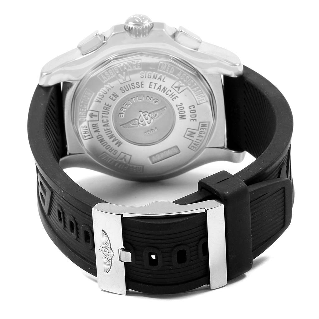 The image shows the back and strap of a Breitling Professional Series M27363 Men's Stainless Steel Black Dial M27363 Men's Stainless Steel Black Dial watch, emphasizing the case back engravings and buckle.