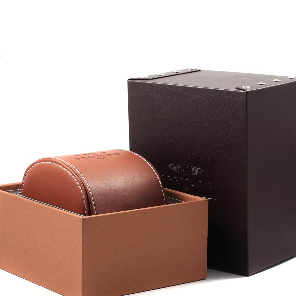 The image shows the packaging boxes for the Breitling Professional Series M27363 Men's Stainless Steel Black Dial M27363 Men's Stainless Steel Black Dial watch, including the brown leather watch case and outer box.