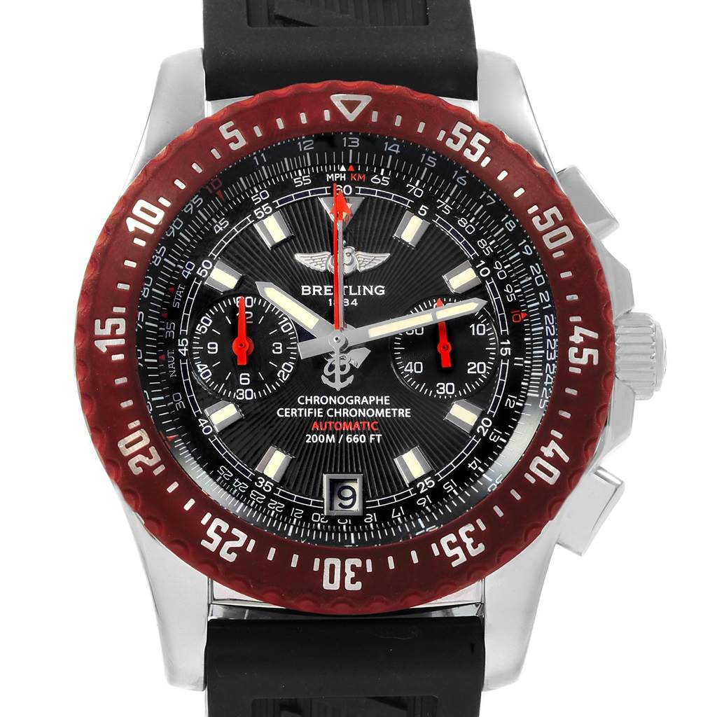 The image shows a front view of the Breitling Professional Series M27363 Men's Stainless Steel Black Dial M27363 Men's Stainless Steel Black Dial watch, highlighting the dial and bezel.
