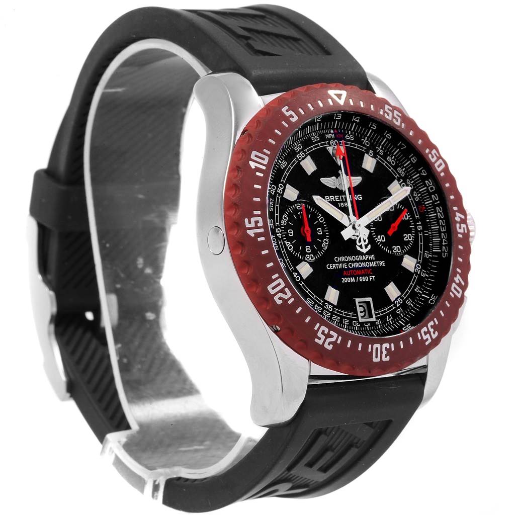 The watch shown is a Breitling Professional Series M27363 Men's Stainless Steel Black Dial M27363 Men's Stainless Steel Black Dial model with a red bezel, black dial, chronograph features, and a black rubber strap, seen from a three-quarter angle.