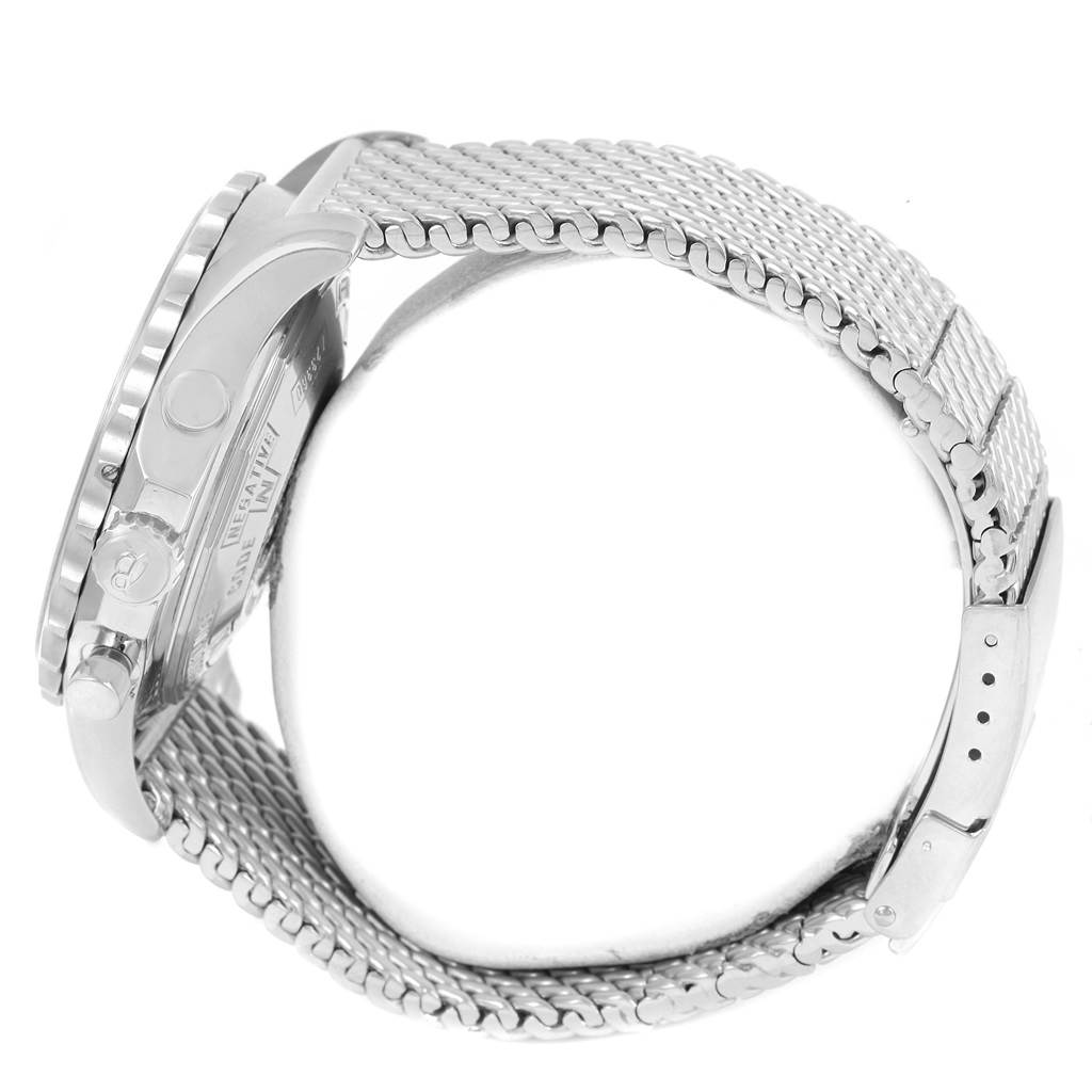 This side view of the Breitling Professional Series A23360 Men's Stainless Steel Grey Dial A23360 Men's Stainless Steel Grey Dial watch shows its casing, crown, dial edges, and metal bracelet.