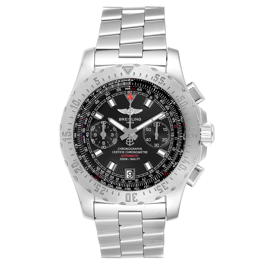 The image shows a frontal view of a Breitling Professional Series A27362 Men's Stainless Steel Black Dial A27362 Men's Stainless Steel Black Dial chronograph watch with a stainless steel bracelet and black dial.