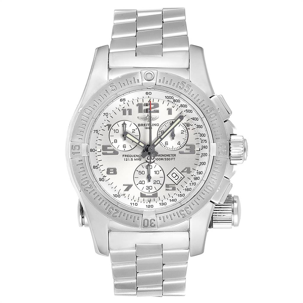 The Breitling Professional Series A73322 Men's Stainless Steel Silver Dial A73322 Men's Stainless Steel Silver Dial watch is shown in a front view, highlighting the face, bezel, and metal bracelet.