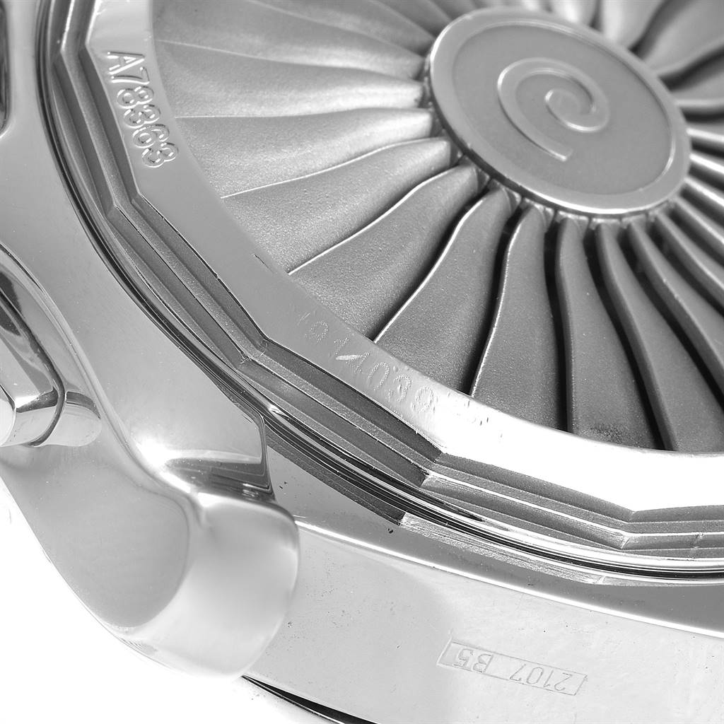 This close-up image of a Breitling Professional Series A78363 Men's Stainless Steel Black Dial A78363 Men's Stainless Steel Black Dial watch shows part of the case and intricate design on the back.