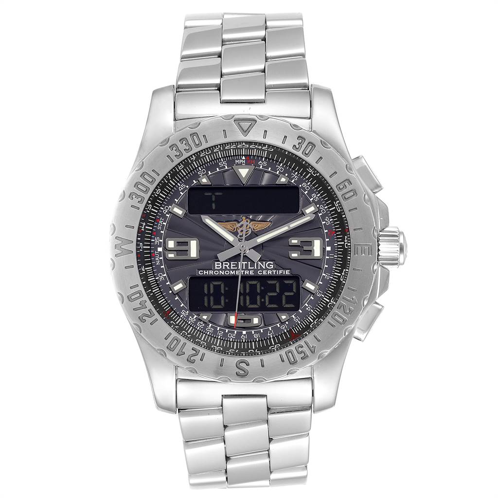 Front view of the Breitling Professional Series A78363 Men's Stainless Steel Black Dial A78363 Men's Stainless Steel Black Dial watch showcasing the face, bezel, and metal bracelet.