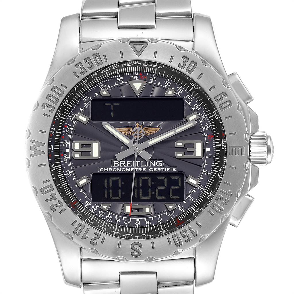 The image shows a front view of the dial and face of a Breitling Professional Series A78363 Men's Stainless Steel Black Dial A78363 Men's Stainless Steel Black Dial watch with a stainless steel bracelet.
