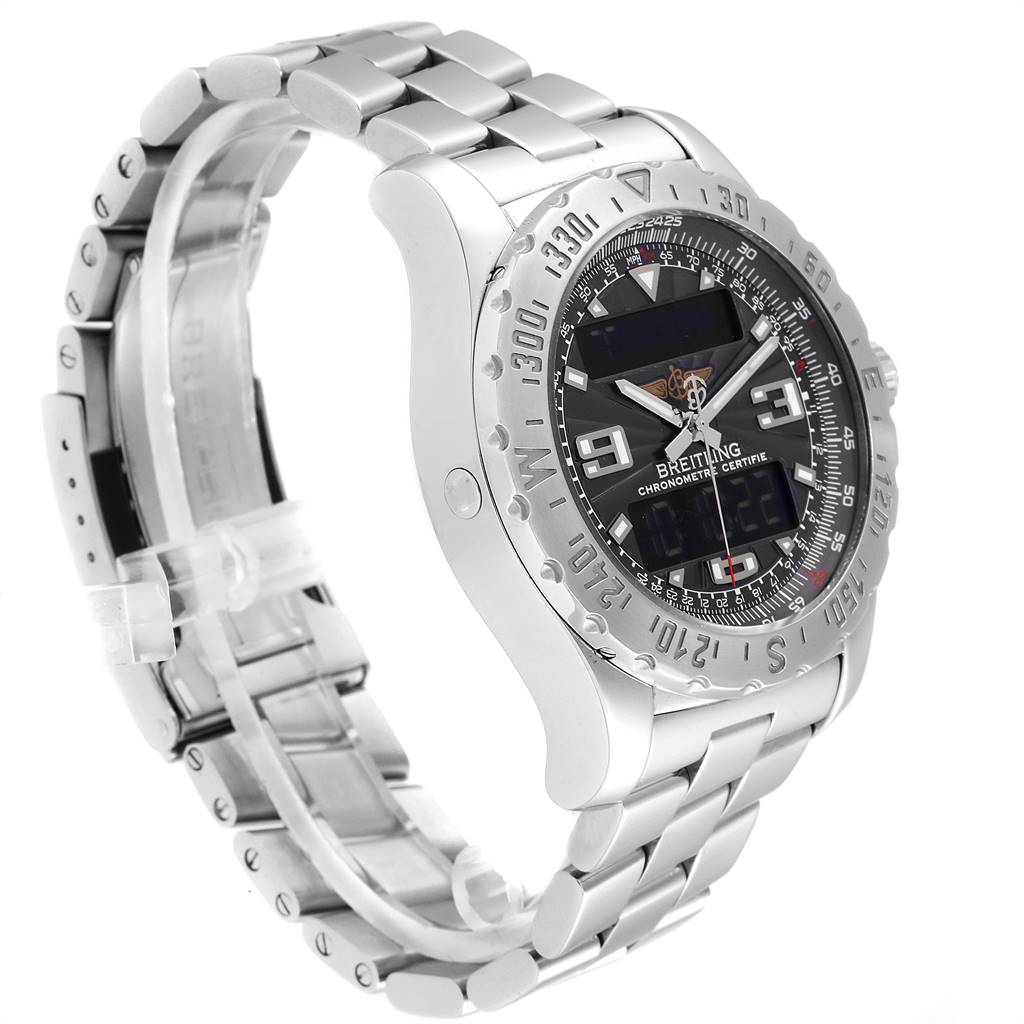 The image shows a side angle of the Breitling Professional Series A78363 Men's Stainless Steel Black Dial A78363 Men's Stainless Steel Black Dial watch, highlighting the bracelet, bezel, and dial.