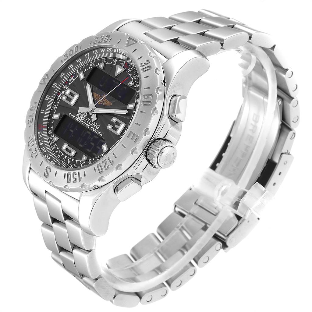 The Breitling Professional Series A78363 Men's Stainless Steel Black Dial A78363 Men's Stainless Steel Black Dial watch is shown at a three-quarter angle, highlighting its face, bezel, crown, and bracelet.