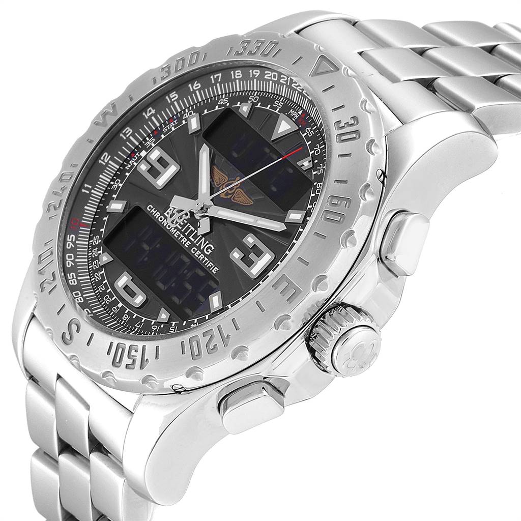 The image shows a side view of a Breitling Professional Series A78363 Men's Stainless Steel Black Dial A78363 Men's Stainless Steel Black Dial watch, highlighting its bezel, dial, crown, and part of the bracelet.