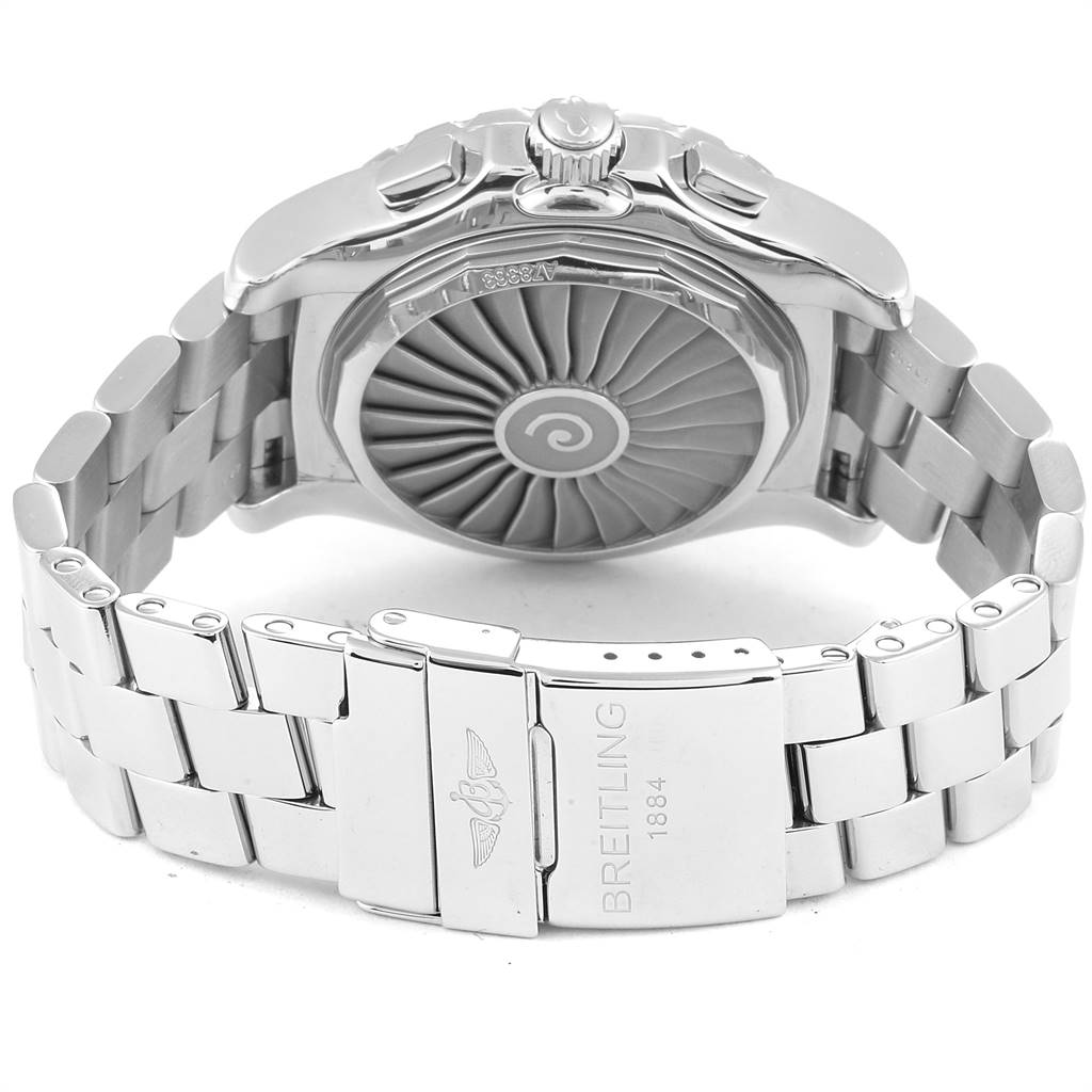 The image shows the back view of a Breitling Professional Series A78363 Men's Stainless Steel Black Dial A78363 Men's Stainless Steel Black Dial watch, featuring its clasp, bracelet, and case back.