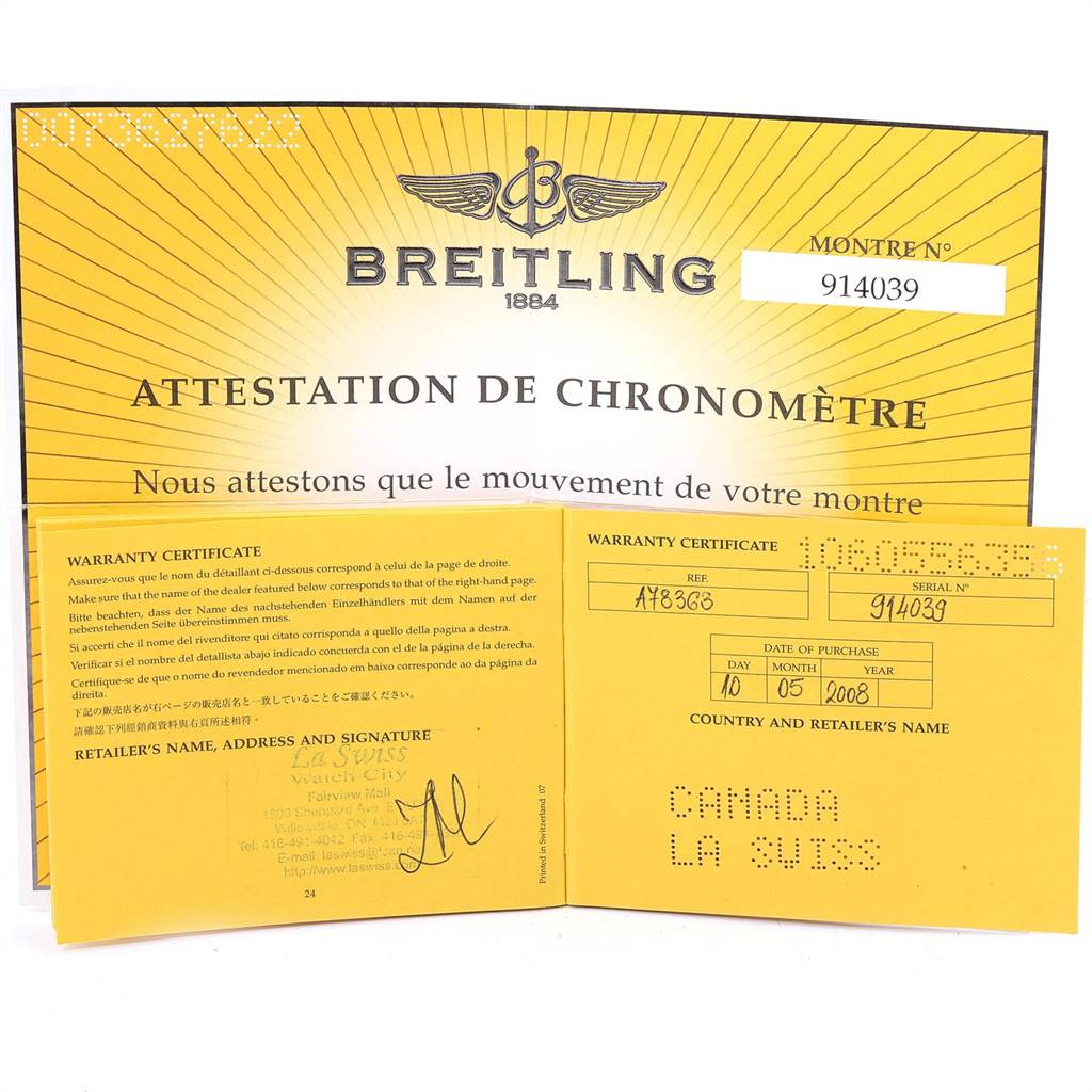 This image shows the warranty certificate and chronometer attestation for a Breitling Professional Series A78363 Men's Stainless Steel Black Dial A78363 Men's Stainless Steel Black Dial watch.