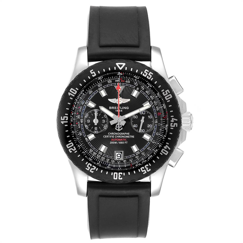 The Breitling Professional Series A27364 Men's Stainless Steel Black Dial A27364 Men's Stainless Steel Black Dial watch is shown from the front, displaying its dial, bezel, crown, pushers, and rubber strap.