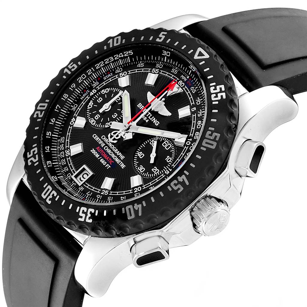 The Breitling Professional Series A27364 Men's Stainless Steel Black Dial A27364 Men's Stainless Steel Black Dial watch is shown close-up at an angle, highlighting the bezel, dial, crown, and strap.